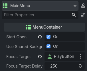 A screenshot of a node tree in Godot with a MenuRouter at the root and three MenuContainer children. Each MenuContainer child has a VBoxContainer child, and the MainMenu menu's VBoxContainer has a Label and three Buttons as its children