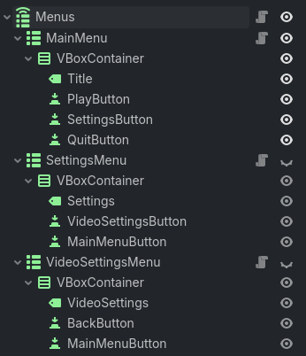 A screenshot of a node tree in Godot with a MenuRouter at the root and three MenuContainer children. Each MenuContainer child has a VBoxContainer child, and the MainMenu menu's VBoxContainer has a Label and three Buttons as its children