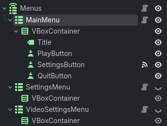 A screenshot of a node tree in Godot with a MenuRouter at the root and three MenuContainer children. Each MenuContainer child has a VBoxContainer child, and the MainMenu menu's VBoxContainer has a Label and three Buttons as its children