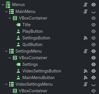 A screenshot of a node tree in Godot with a MenuRouter at the root and three MenuContainer children. Each MenuContainer child has a VBoxContainer child, and the MainMenu menu's VBoxContainer has a Label and three Buttons as its children