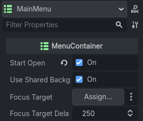 A screenshot of a node tree in Godot with a MenuRouter at the root and three MenuContainer children. Each MenuContainer child has a VBoxContainer child, and the MainMenu menu's VBoxContainer has a Label and three Buttons as its children