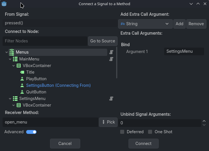 A screenshot of a node tree in Godot with a MenuRouter at the root and three MenuContainer children. Each MenuContainer child has a VBoxContainer child, and the MainMenu menu's VBoxContainer has a Label and three Buttons as its children
